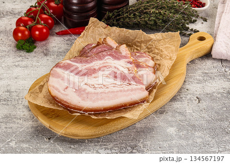 Smoked pork belly slices snack 134567197