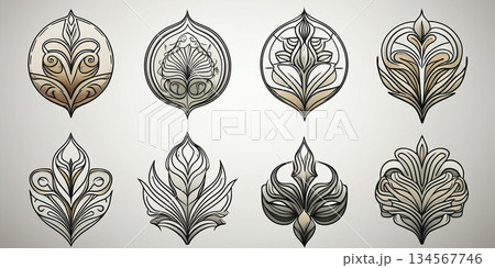 Minimal line-art ornament icons, clean stroke design 134567746