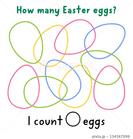 Easter tracing, counting, shape and line recognition activity with colored eggs. Spring holiday counting math puzzle with ornament contours. Find and count silhouette printable worksheet for kids 134567899