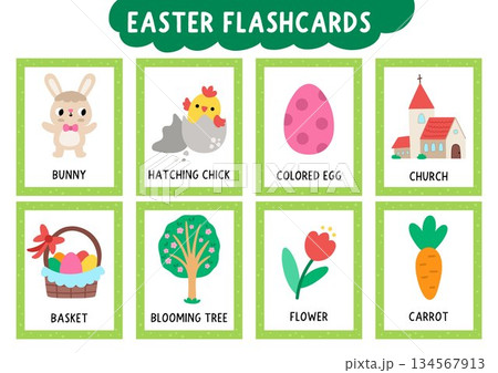 Vector Easter flash cards set with bunny, hatching chick, egg, basket, church, carrot, flower. English language game for kids. Spring holiday flashcards. Simple educational printable worksheet Vector Easter flash cards set with bunny, hatching chick, egg, basket, church, carrot, flower. English language game for kids. Spring holiday flashcards. Simple educational printable worksheet 134567913