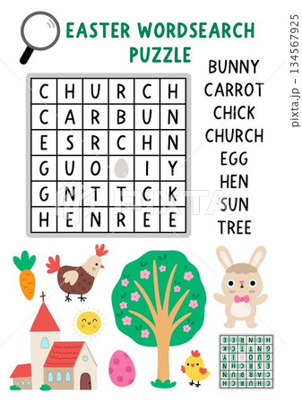 Vector Easter word search puzzle for kids. Wordsearch quiz with bunny, blooming tree, church, hen, chick, carrot and sun for children. Spring holiday educational cross word activity Vector Easter word search puzzle for kids. Wordsearch quiz with bunny, blooming tree, church, hen, chick, carrot and sun for children. Spring holiday educational cross word activity 134567925