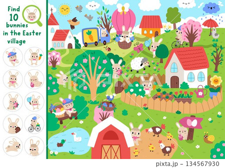 Vector searching game with Easter village landscape. Spot hidden bunnies. Rural seek and find printable activity for kids. Spring holiday worksheet with church, farm animals, blooming trees, birds Vector searching game with Easter village landscape. Spot hidden bunnies. Rural seek and find printable activity for kids. Spring holiday worksheet with church, farm animals, blooming trees, birds 134567930