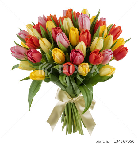 Colorful Tulip Bouquet Arranged With Bright Flowers and Green Leaves for a Cheerful Decoration 134567950