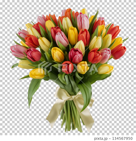 Colorful Tulip Bouquet Arranged With Bright Flowers and Green Leaves for a Cheerful Decoration Colorful Tulip Bouquet Arranged With Bright Flowers and Green Leaves for a Cheerful Decoration 134567950