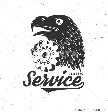 Auto service logo, emblems, badges and icons. Vector. For expert service car repair center, restoration and car club with eagle and vehicle gear silhouette 134568193