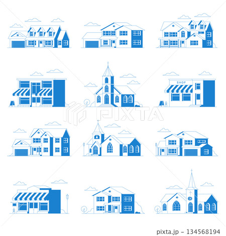 Set of house, church, store building flat icon. For web design and application interface, also useful for infographics. Family house, church, store building icon isolated on white background Set of house, church, store building flat icon. For web design and application interface, also useful for infographics. Family house, church, store building icon isolated on white background 134568194