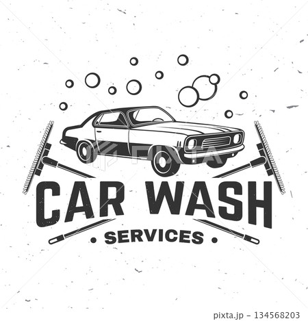 Car wash logo, emblems, badges and icons. Vector. Template for car wash logo, cleaning car, washing and service with bubbles and retro car. 134568203