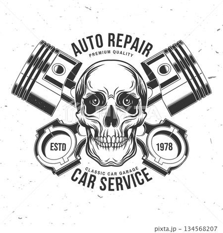 Auto service logo, emblems, badges and icons. Vector. For expert service car repair center, restoration and car club with skull, automobile tools pistons silhouette Auto service logo, emblems, badges and icons. Vector. For expert service car repair center, restoration and car club with skull, automobile tools pistons silhouette 134568207