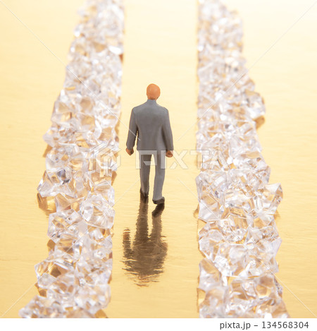 A miniature businessman in a gray suit walks confidently between two rows 134568304