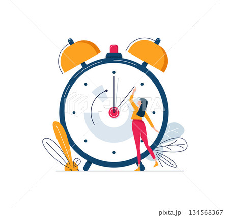 Daylight saving time illustration, Young woman turns the hand of the clock, Turning to winter or summer time Daylight saving time illustration, Young woman turns the hand of the clock, Turning to winter or summer time 134568367