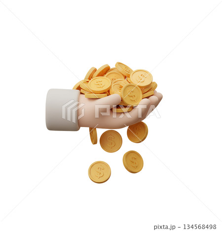 3d cartoon hand holding and dropping cascade of shiny gold coins, representing wealth, profit, financial success, and money-making concepts 3d cartoon hand holding and dropping cascade of shiny gold coins, representing wealth, profit, financial success, and money-making concepts 134568498