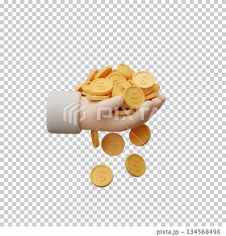 3d cartoon hand holding and dropping cascade of shiny gold coins, representing wealth, profit, financial success, and money-making concepts 3d cartoon hand holding and dropping cascade of shiny gold coins, representing wealth, profit, financial success, and money-making concepts 134568498