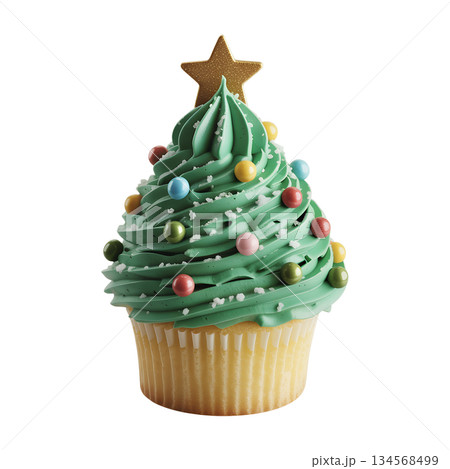Delicious cupcake decorated like a miniature christmas tree with sprinkles and a star, ideal for holiday dessert menus and festive concepts Delicious cupcake decorated like a miniature christmas tree with sprinkles and a star, ideal for holiday dessert menus and festive concepts 134568499