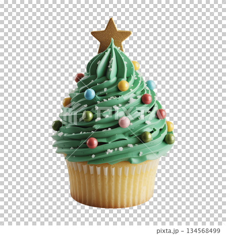 Delicious cupcake decorated like a miniature christmas tree with sprinkles and a star, ideal for holiday dessert menus and festive concepts Delicious cupcake decorated like a miniature christmas tree with sprinkles and a star, ideal for holiday dessert menus and festive concepts 134568499