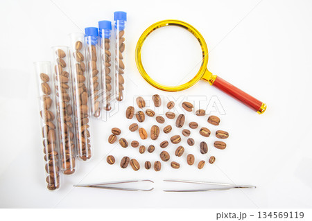 Scientific coffee inspection concept with magnifying glass 134569119