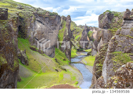 Stunning Icelandic landscape showcases a verdant canyon and a winding river under a cloudy sky 134569586