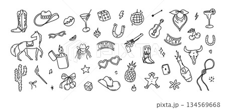 Cowgirl party set. Hat, boots, and horse for western rodeo festival, country bar music, retro fashion or tattoo. Hand drawn lasso and skull, revolver, lighter and a bull skull for logo and packaging 134569668