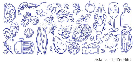 Mediterranean diet seafood. Shrimp, salmon and olive oil for healthy cooking, Italian menu and restaurant branding or packaging. Hand drawn vector set of shellfish and herbs for cafe culinary label 134569669