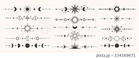 Celestial dividers with moon phases and sun for mystical banner, wedding invitation or bohemian tattoo. Cosmic ornaments and borders for astrology, occult packaging and vintage headers. Vector set 134569671