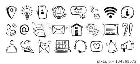 Contact doodle icons. Communication and support with phone, chat and message for hotline help or user interface. Globe, pointer and bell, map pin for UI, social media and infographics. Vector set 134569672