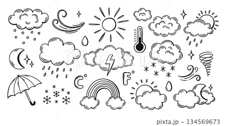 Weather forecast doodle icons. Hand drawn sun, cloud and moon for sky conditions, climate and nature infographic design. Temperature, rain and snow, wind and thunderstorm. Vector isolated set 134569673