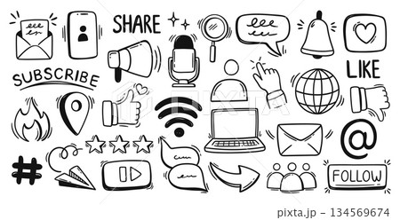 Social media doodle icons. Like, share and bell, thumb up for follower engagement, notification and community or marketing campaign. Hand drawn vector set for UI, blog banner and tutorial onboarding 134569674