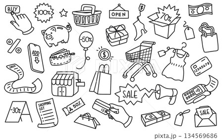 Shopping doodle. Wallet, card and gift box, cart and piggy bank for online ecommerce, marketing and Christmas sale or retail business. Hand drawn vector set for payment, delivery and customer service 134569686