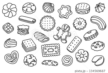 Biscuit doodle. Gingerbread man, macaron bakery sweets for dessert menu or cute packaging label. Pastry icons eclair and fortune cookie for branding and stickers. Vector hand drawn isolated set 134569687