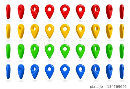 3D map pin. Location marker for travel and GPS navigation. Colorful business, web and app global search and communication symbol. Vector isolated set 134569693