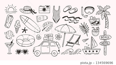 Summer vacation doodle icon. Beach and sea travel with adventure and holiday vector set. Hand drawn sun and palm tree, swimsuit and flip-flops, suitcase and cocktail. Tropical cute trip concept Summer vacation doodle icon. Beach and sea travel with adventure and holiday vector set. Hand drawn sun and palm tree, swimsuit and flip-flops, suitcase and cocktail. Tropical cute trip concept 134569696