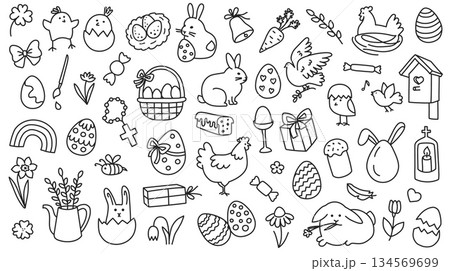 Easter doodle with line art spring cute hand drawn chick, egg and bunny, basket and flower, cross and rainbow for Happy Easter holiday celebration. Vector sketch isolated set 134569699