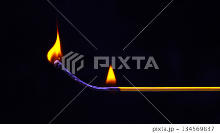 Flames dance on a burning incense stick in a dark background during evening relaxation 134569837