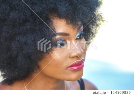 African woman with beautiful natural hair and striking makeup outdoors in sunlight African woman with beautiful natural hair and striking makeup outdoors in sunlight 134569889