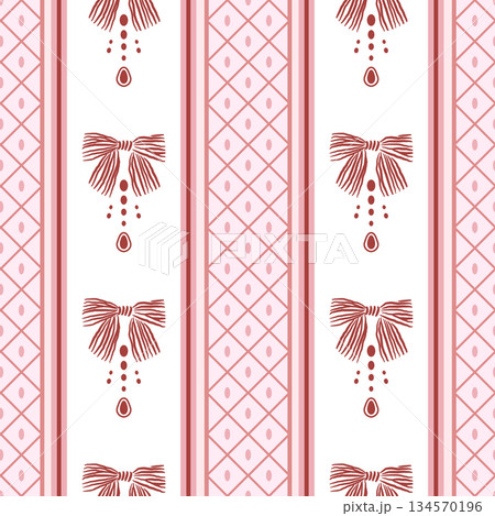 Vector coquette bows stripe pattern. Red seamless elegant ribbon pattern. Perfect for greetings, invitations, wrapping paper, textile and stationery. Vector preppy pattern 134570196