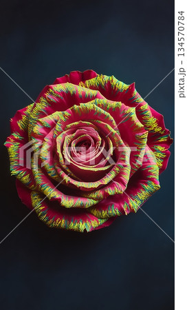Artistic Rose Flower with Psychedelic Rainbow Colors Against Dark Dramatic Background 134570784