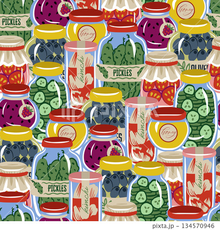 Cute food jar seamless vector pattern with pickles olives honey jam preserves Cute food jar seamless vector pattern with pickles olives honey jam preserves 134570946