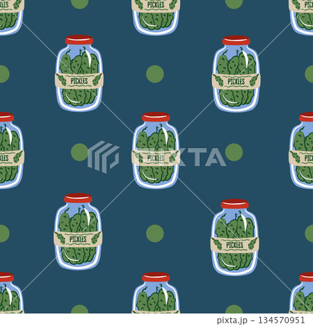 Pickles jar seamless vector pattern with cute cucumbers dots minimal kitchen design Pickles jar seamless vector pattern with cute cucumbers dots minimal kitchen design 134570951