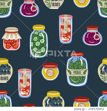 Cute food jar seamless vector pattern with pickles olives honey jam preserves Cute food jar seamless vector pattern with pickles olives honey jam preserves 134570952