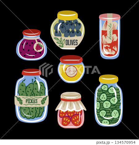 Cute food jar isolated vector pattern with pickles olives honey jam preserves 134570954