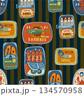 Sardina seamless vector pattern with vintage seafood cans fish oil lemons retro illustration 134570958