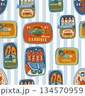 Sardina seamless vector pattern with vintage seafood cans fish oil lemons retro illustration 134570959