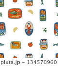 Sardina seamless vector pattern with vintage seafood cans fish oil lemons retro illustration 134570960