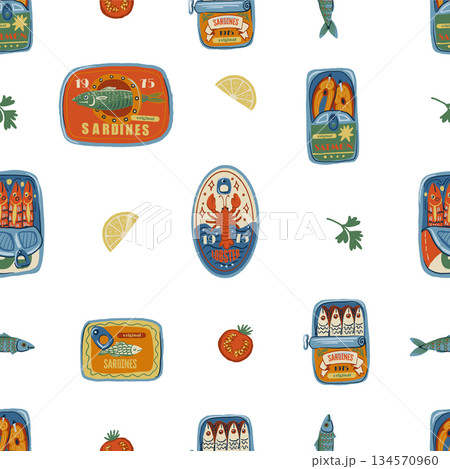 Sardina seamless vector pattern with vintage seafood cans fish oil lemons retro illustration 134570960