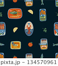 Sardina seamless vector pattern with vintage seafood cans fish oil lemons retro illustration 134570961