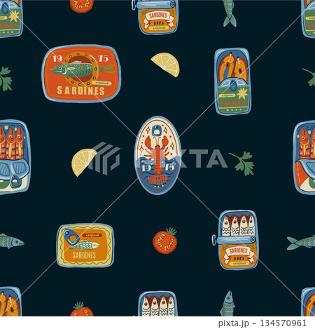 Sardina seamless vector pattern with vintage seafood cans fish oil lemons retro illustration 134570961