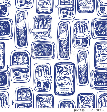 Sardina seamless vector pattern with vintage sardine cans hand drawn nautical illustration 134570967