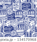 Sardina seamless vector pattern with vintage sardine cans hand drawn nautical illustration 134570968