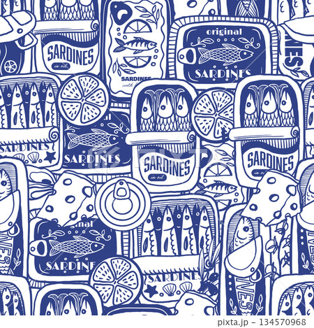 Sardina seamless vector pattern with vintage sardine cans hand drawn nautical illustration Sardina seamless vector pattern with vintage sardine cans hand drawn nautical illustration 134570968
