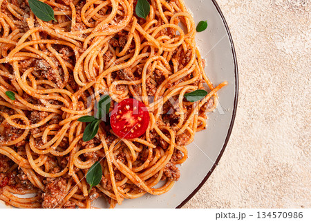 Spaghetti Bolognese, top view, close-up, no people, homemade, Spaghetti Bolognese, top view, close-up, no people, homemade, 134570986