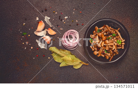 pickled honey mushrooms, in a bowl, homemade, top view, no people, pickled honey mushrooms, in a bowl, homemade, top view, no people, 134571011